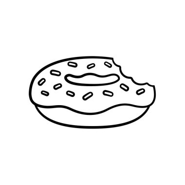 Çizgi film jöleli donut, üstüne de ısırık izleriyle serpiştirilmiş. Çocuklar için basit boyama kitabı sayfası, etkinlik, çalışma kağıdı.