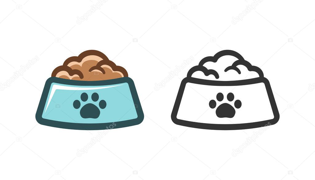 Dog, cat, animal or pet full food bowl symbol sign colored black and white set. Simple flat cartoon vector illustration design.