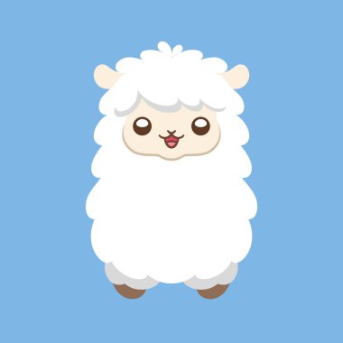 Cute white fluffy sheep, alpaca, llama animal cartoon character head, with happy facial expression, vector illustration design on blue background.