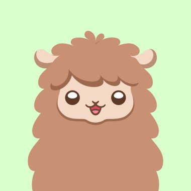 Cute brown fluffy sheep, alpaca, llama animal cartoon character head, with happy facial expression, vector illustration design on green background.