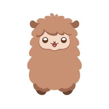 Cute brown fluffy sheep, alpaca, llama animal cartoon character head, with happy facial expression, vector illustration design on white background.