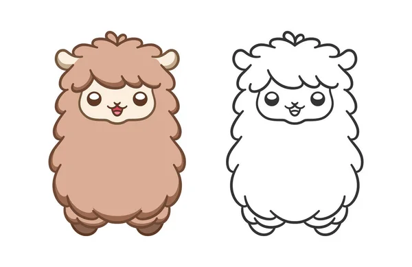 Happy Fluffy Alpaca Sheep Llama Animal Cartoon Colored Outline Set — Vetor de Stock