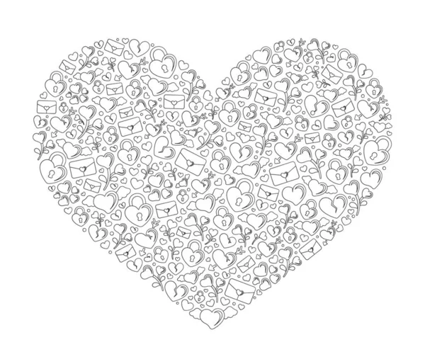 Valentine Romance Love Themed Icons Doodle Collage Shaped Heart Black — Stock Vector