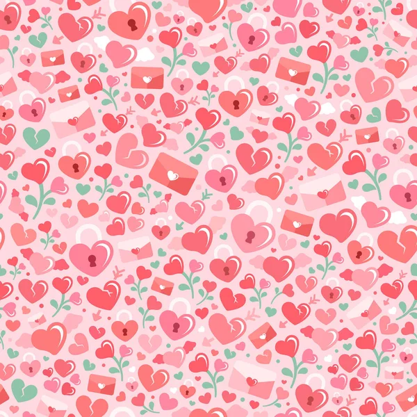 Día San Valentín Romance Amor Iconos Temáticos Doodle Collage Patrón — Vector de stock