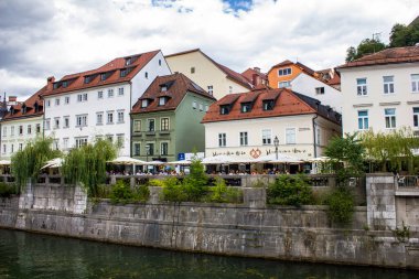 Ljubljana, Slovenya - 15 Temmuz 2017: Ljubljana Şehir Merkezi 'ndeki Geleneksel Binaların Görünümü