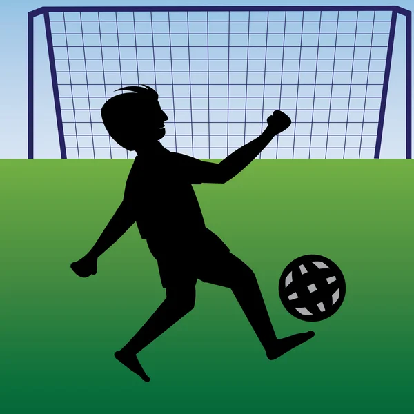 Подросток практикующий футбол возле ворот — стоковый вектор