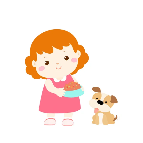 Malá holčička krmení psa kreslené vektorové — Stockový vektor