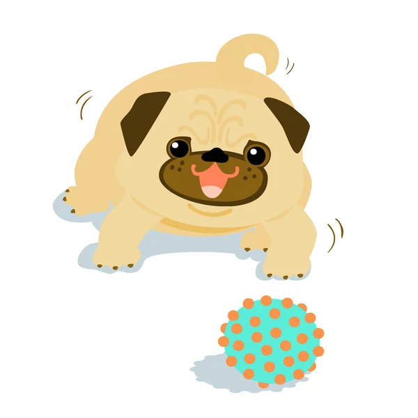 Счастливая собака-мопс и вектор мяча — стоковый вектор