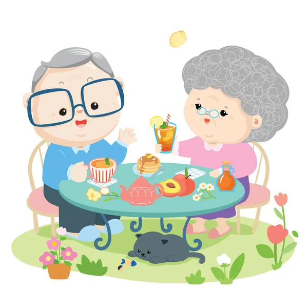 Cute Elderly Couple Drink Tea Peach Together Backyard Cat Vector — Stock Vector