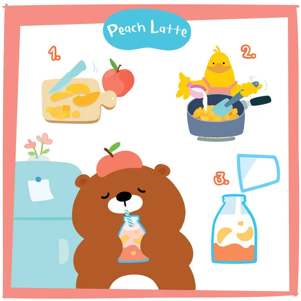 Pêssego Desenho Animado Receita Latte Instruções Passo Passo Modelo Cartão — Vetor de Stock