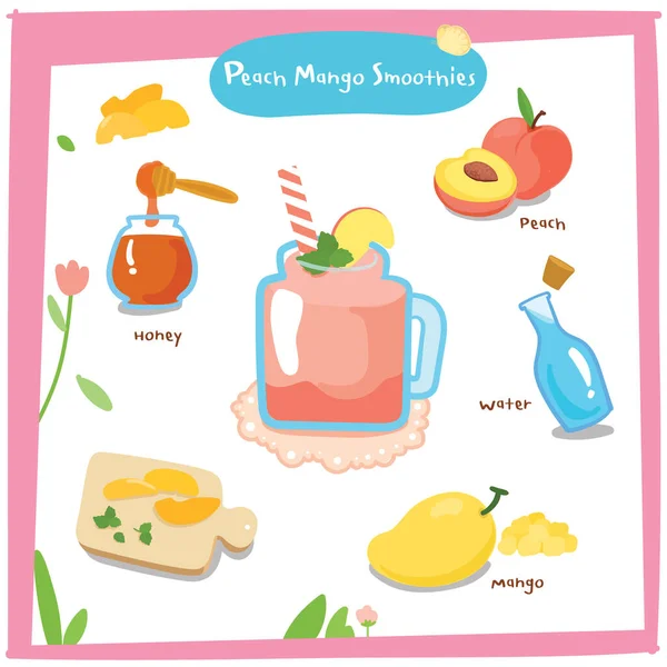 Smoothies Aux Pêches Santé Dessin Animé Recette Ingrédients Modèle Carte — Image vectorielle