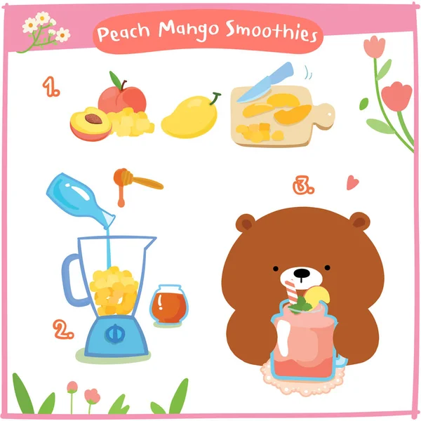 Healthy Peach Smoothies Recipe Cartoon Step Step Instructions Card Template — Stock Vector