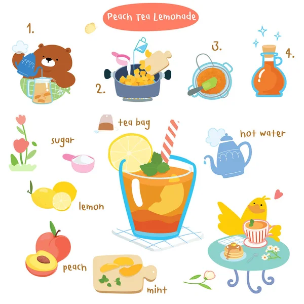 Peach Tea Lemonade 레시피 Illustration Cute Food Icons Set Cookbook — 스톡 벡터