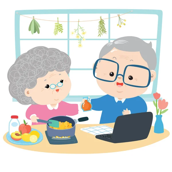 Happy Elderly Cooking Food Kitchen Using Recipe Internet Vector Illustration — 스톡 벡터