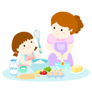 Little daughter cooking with her mother vector 