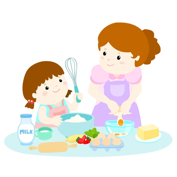 Kleine Tochter kocht mit ihrer Mutter — Stockvektor
