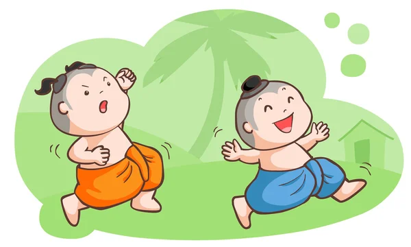 Thai kids tease each other in the garden vector — Stockvector