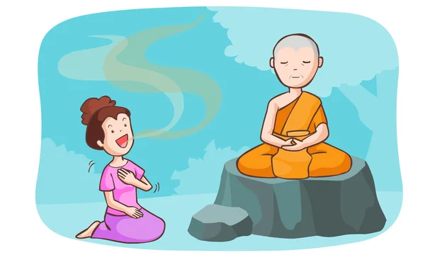 Monge tomar meditar e as mulheres vetor falante —  Vetores de Stock