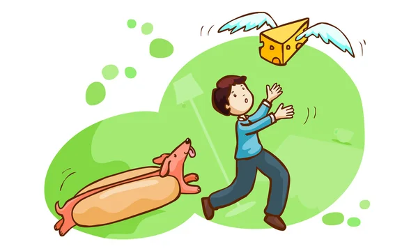 Hot dog chase a man and butter have a wing for fly vector — Stock Vector