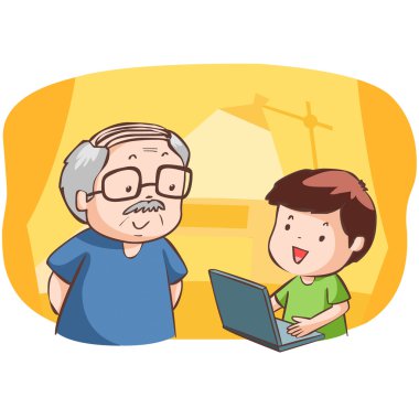 nephew show grandad how to use computer vector  clipart