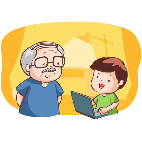 Nephew show grandad how to use computer vector — Stockvector