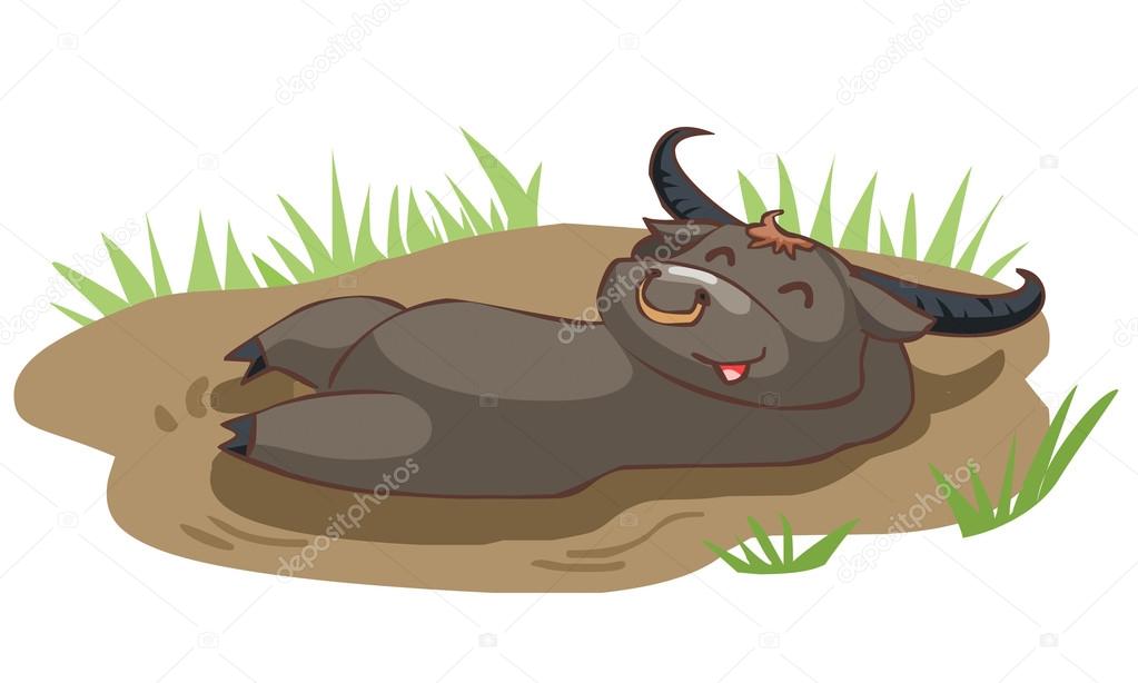 happy buffalo take a bath in mud vector 