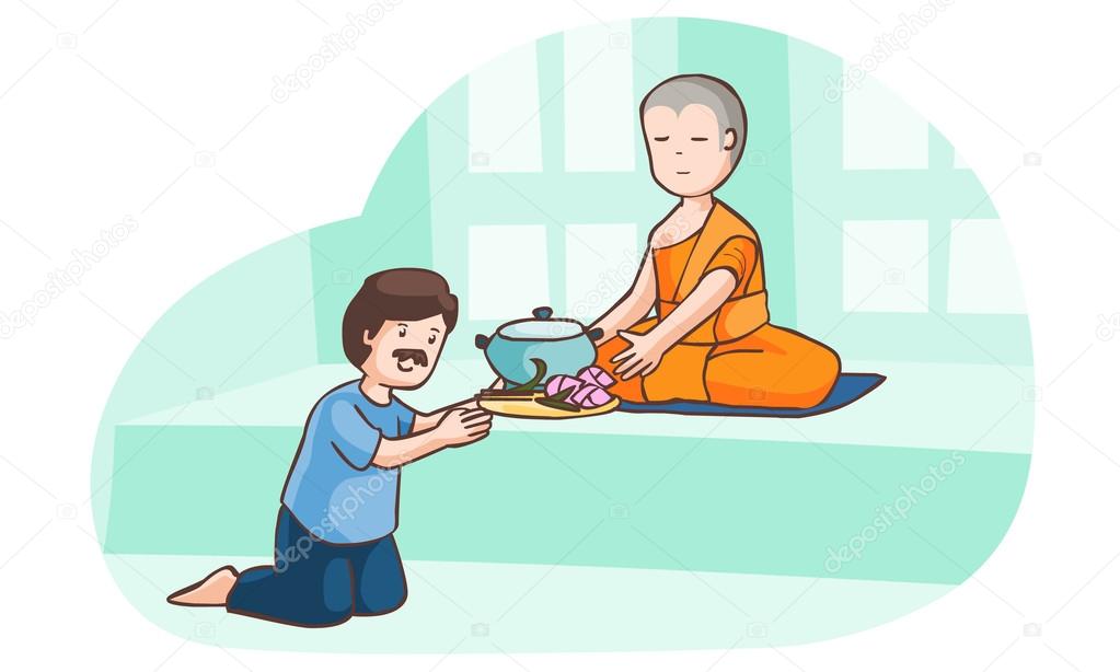 A man offer food to monk vector 