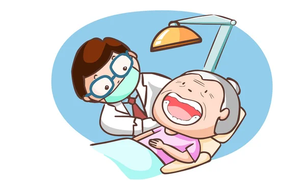Dentista tratar abuela en el vector de la clínica — Vector de stock