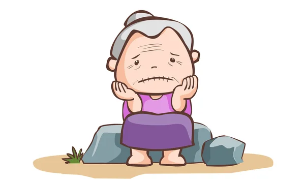 Sad old lady sit on the stone vector — Stockvector