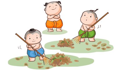 Three Thai kids sweep the leaves on the ground vector 