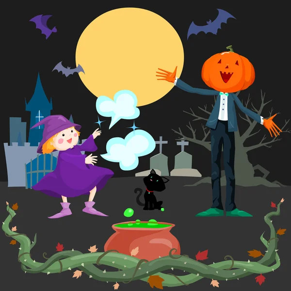 Cute witch in halloween full moon night with friend vector — Stock Vector