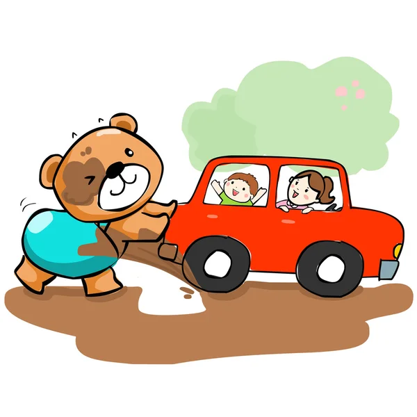 Cute bear help car stuck on mud vector illustration — Stock Vector