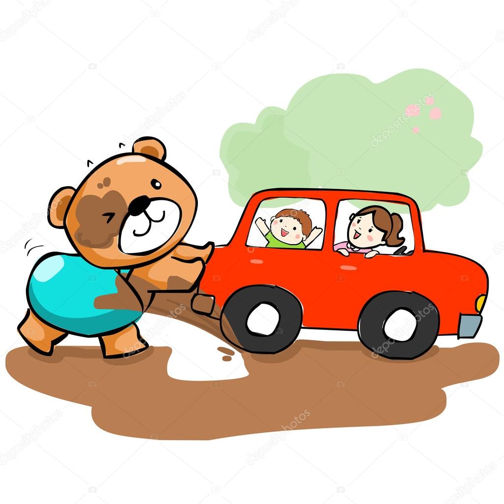 cute bear help car stuck on mud vector illustration