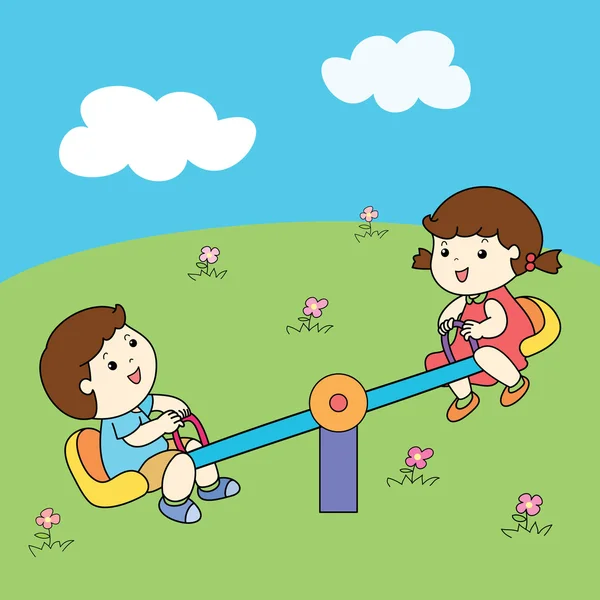 かわいい男の子と女の子が遊ぶシーソー ボード ベクトル — ストックベクタ