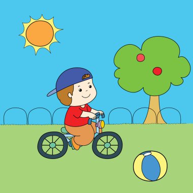 blue hat red shirt boy riding bicycle vector  clipart