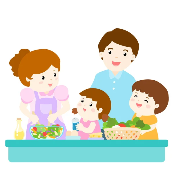 Glückliche Familie kocht gesundes Essen zusammen — Stockvektor