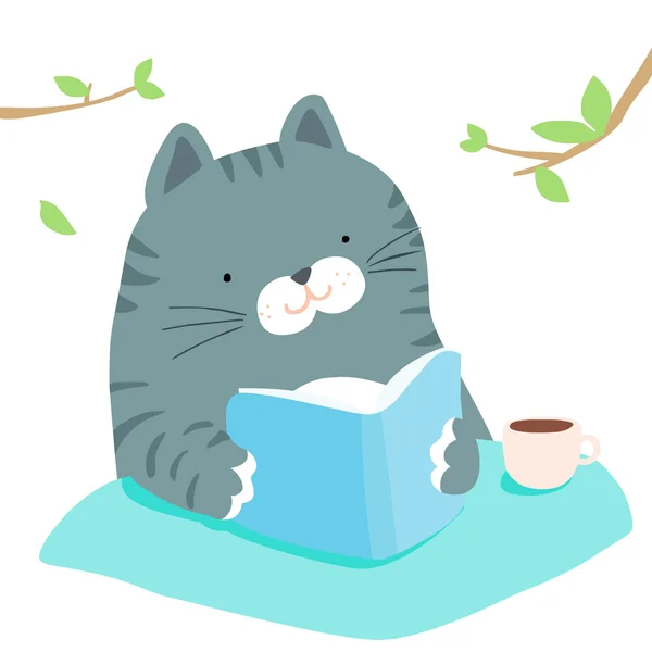Fluffy cat reading book in garden vector — Stock Vector