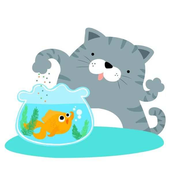 Pluizig kat voeding gelukkig goudvis vector — Stockvector