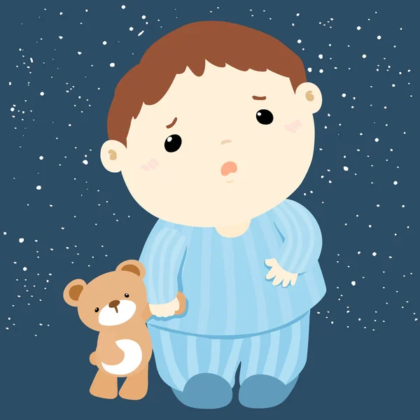 Lindo chico y su muñeca sin dormir vector — Vector de stock