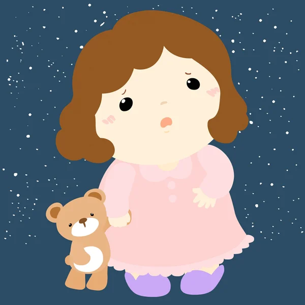 Linda chica y su muñeca sin dormir vector — Vector de stock