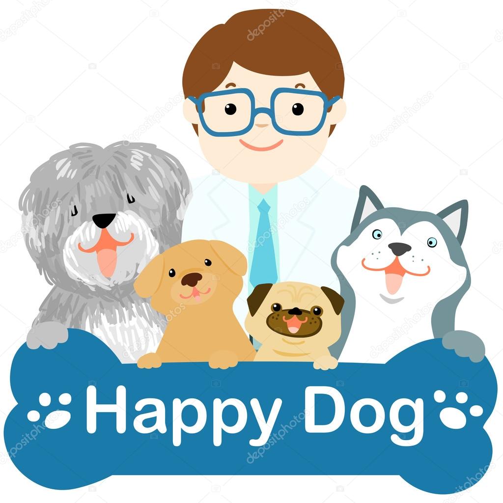Veterinarian and dogs different breed on sign board