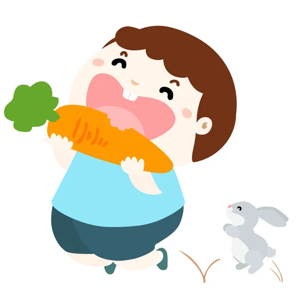 Söt pojke älskar att äta vegetabiliskt vektor illustration — Stock vektor