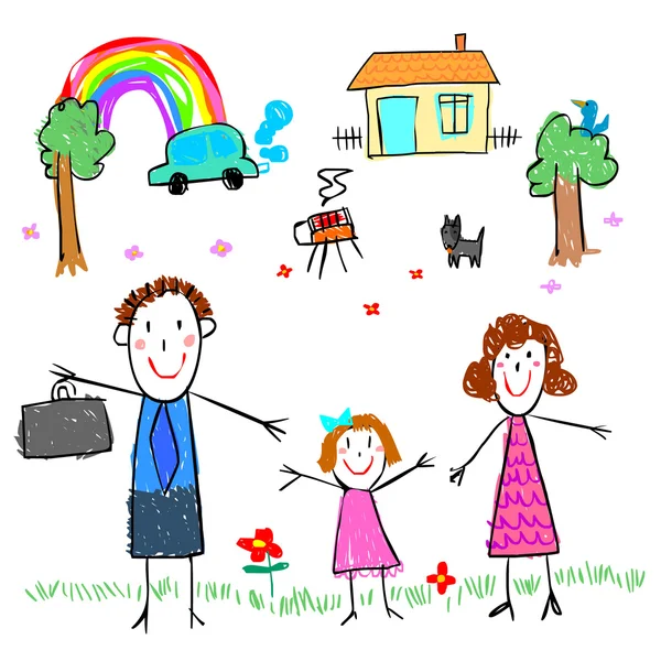 Meisje met familie tekening foto vectorillustratie — Stockvector