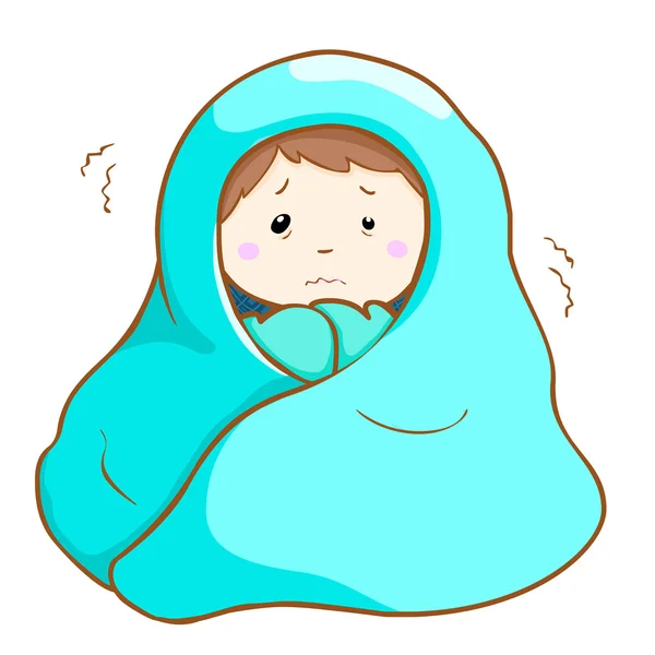 Ill man shivering hard under blanket vector — Stock Vector