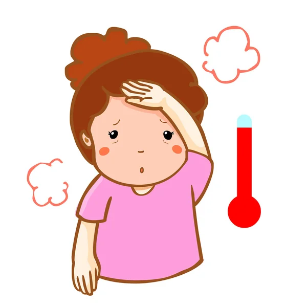 Donna ottenuto febbre ad alta temperatura vettore cartone animato — Vettoriale Stock