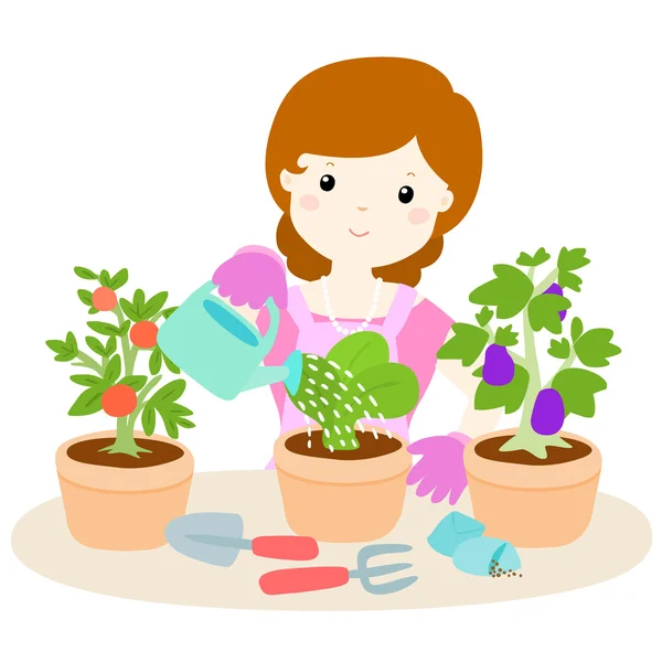 Feliz mulher rega plantas cartoon vetor — Vetor de Stock