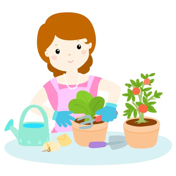 Kvinnan plantering hälsosamma ekologiska vegetabiliska cartoon vektor — Stock vektor