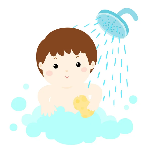 Pequeño lindo chico tomar un baño de dibujos animados vector — Vector de stock