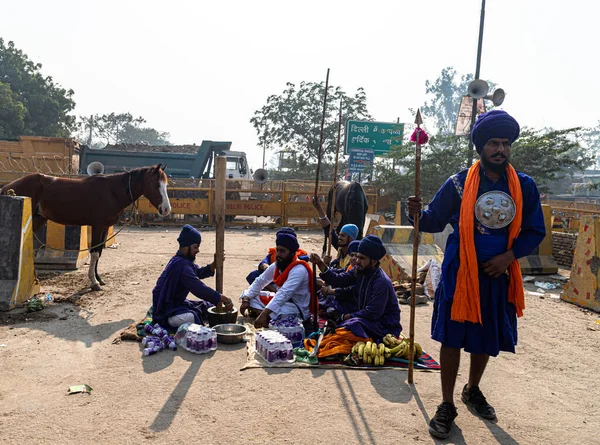 Nihang Sikhs Delhi Border Protesting New Farm Law Passed Indian — Stock Photo, Image