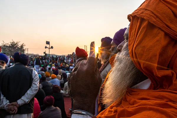 Indiska Bönder Protesterar Vid Delhi Gränsen Protesterar Mot Jordbrukslag Som — Stockfoto